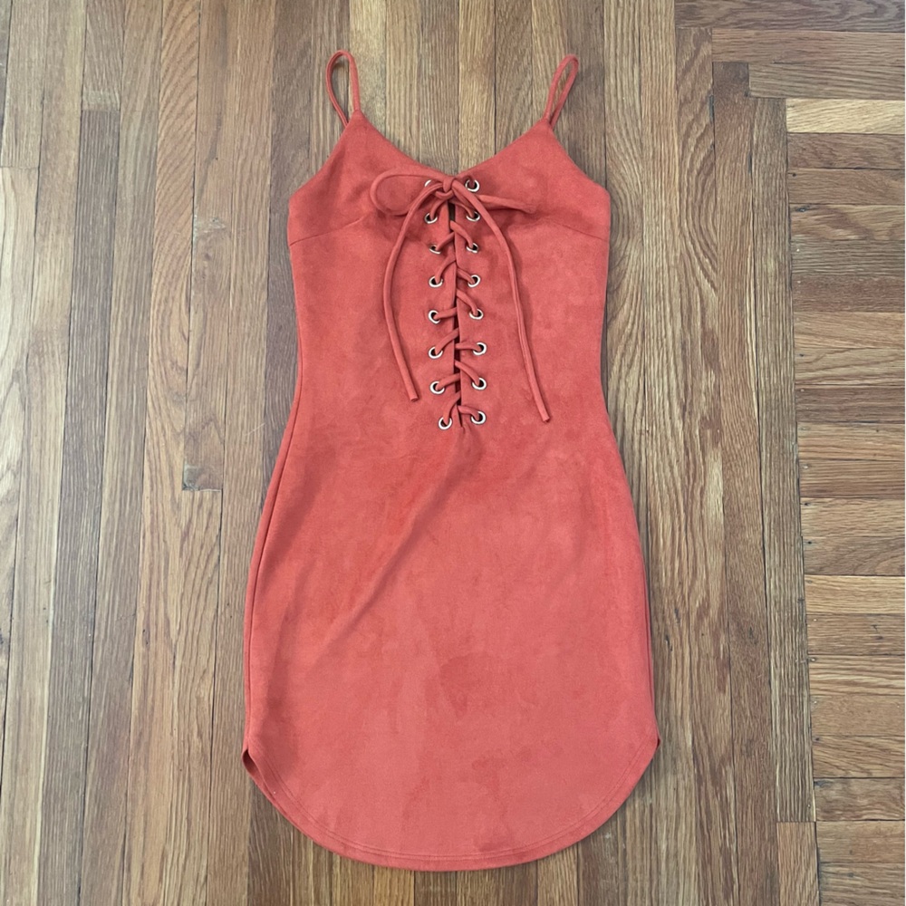 Vintage Rust Lace-Up Mini Dress